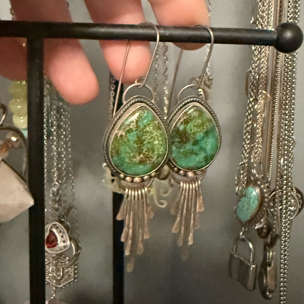 Sterling Silver and Green turquoise handmade artisan earrings